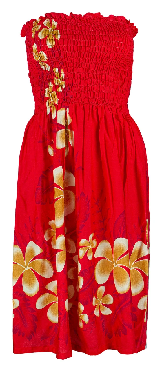Ladies Elastic Tube Dress - Plumerias: Red