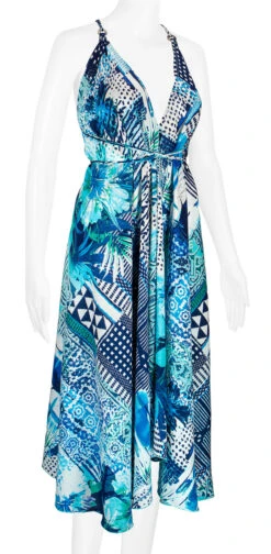Robin Ruth® Maxi Dress: Blue Palm -Clothing Sales Store 68484 RRMaxiDress Halter BluePalm Model RightView 99658.1689792095