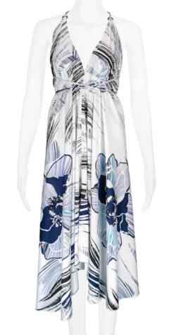 Robin Ruth® Maxi Dress: Hibiscus Canvas -Clothing Sales Store 68484 RRMaxiDress Halter HibiscusCanvas Model Front 15490.1689792825