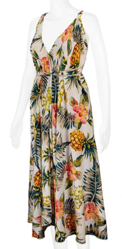 Robin Ruth® Maxi Dress: Pineapple Floral -Clothing Sales Store 68484 RRMaxiDress Halter PineappleFloral Model LeftView 01152.1709174393