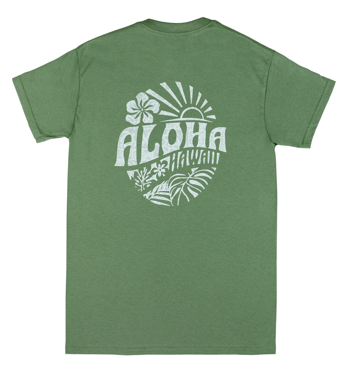 Crew Neck Tee - Sunny Aloha: Military Green 2 Crew Neck Tee - Sunny Aloha: Military Green - Image 2