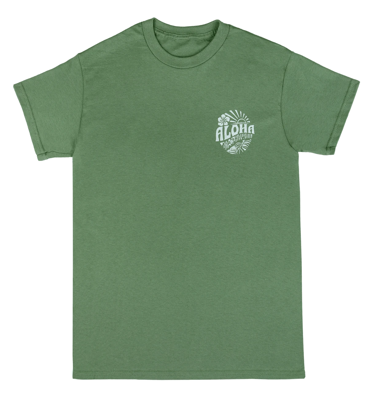 Crew Neck Tee - Sunny Aloha: Military Green 1 Crew Neck Tee - Sunny Aloha: Military Green