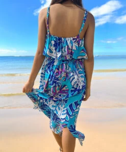 Napua Collection Ruffle Maxi Dress - Abstract Monstera: Blue -Clothing Sales Store D3Back 75985.1707875877