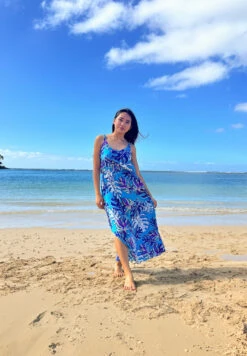 Napua Collection Ruffle Maxi Dress - Abstract Monstera: Blue