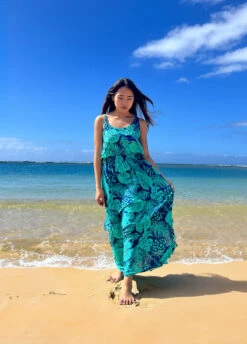 Napua Collection Ruffle Maxi Dress - Monstera Palm: Blue -Clothing Sales Store D5Front 77517.1701903172